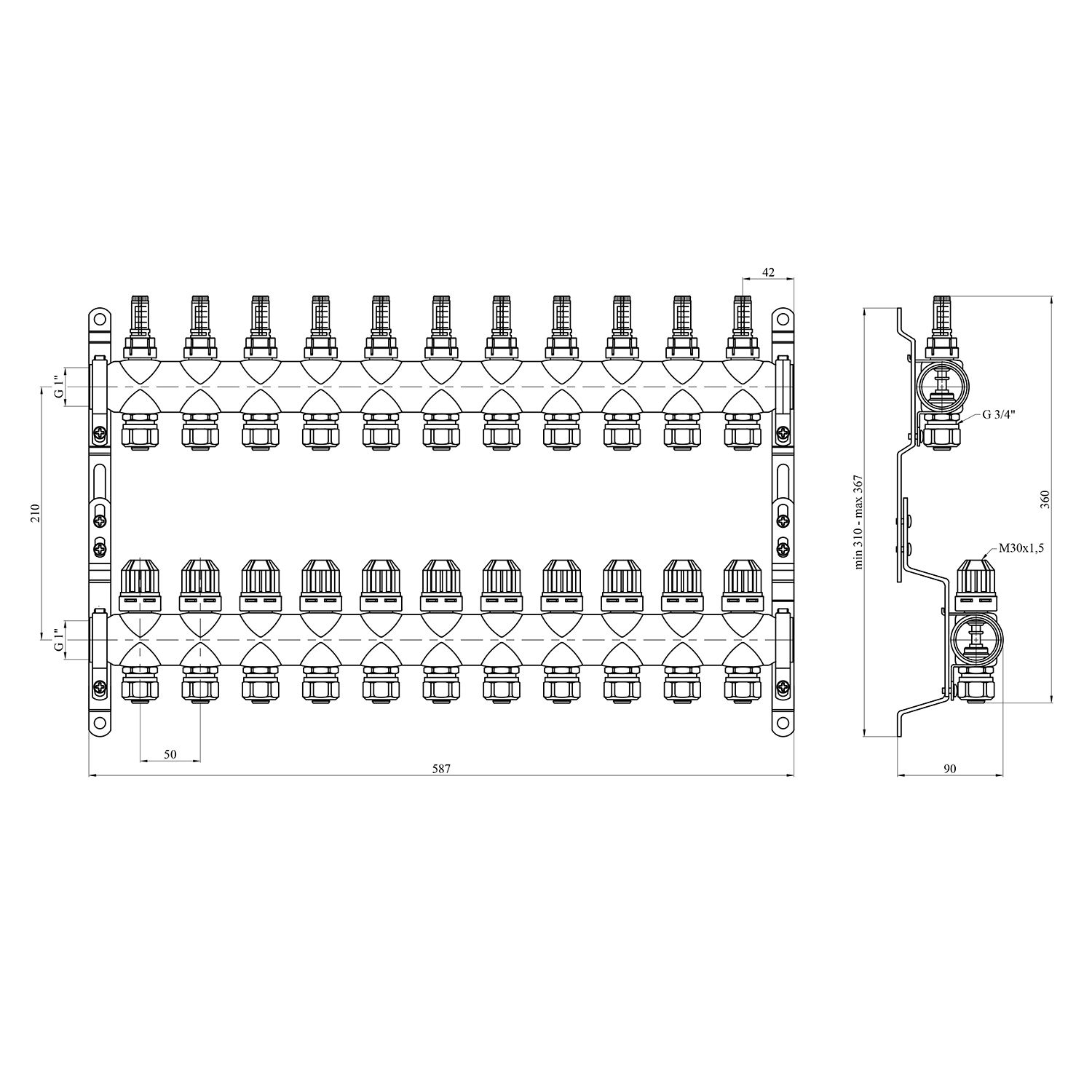 Колектор в зборі STA "Classic" на 11 виходів G1" з євроконусами, нержавіюча сталь