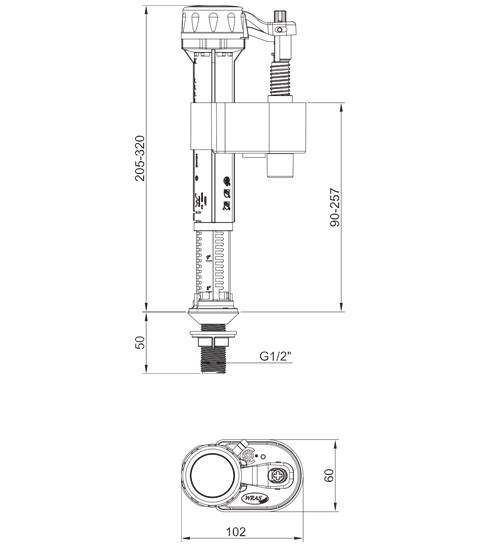 Арматура наповнювальна KOER KT-0103-1/2" з НИЖНІМ підведенням та латунним різьбленням 1/2" (KR5331)