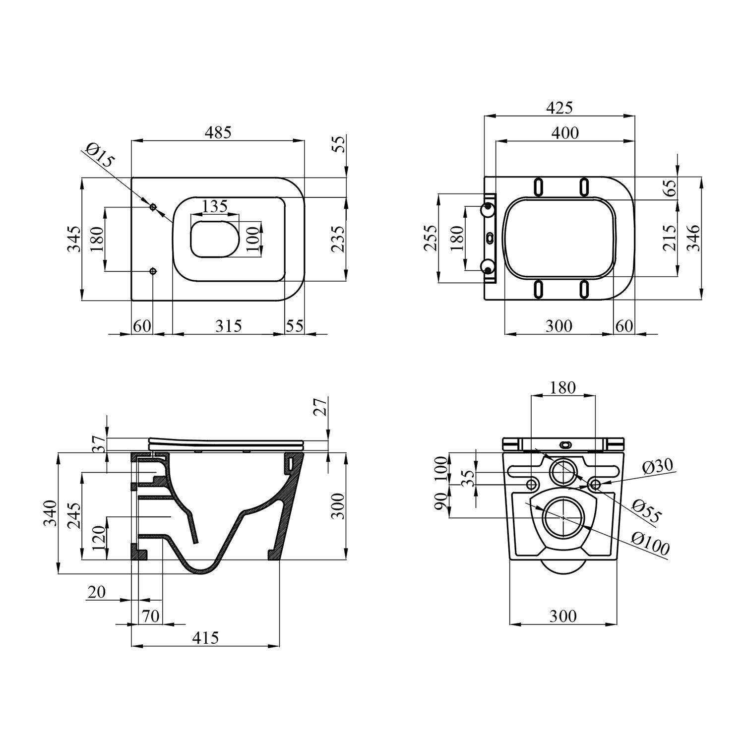 Унітаз підвісний Kroner Eifel WHI483429 TORNADO безобідковий з сидінням