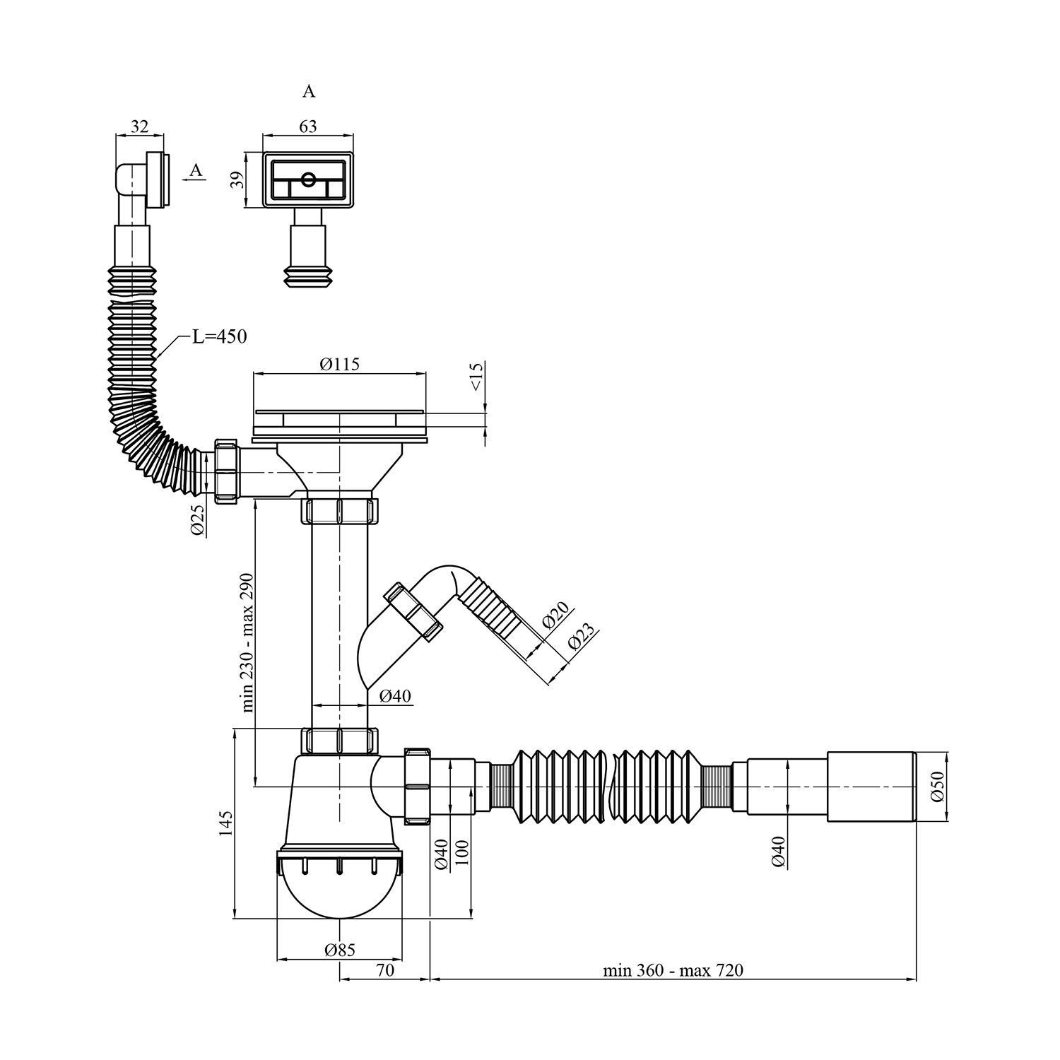 Сифон для кухонної мийки Kroner KRP - KS02-1 3 1/2"х40/50 мм з відводом для пральної машини, з квадратним переливом