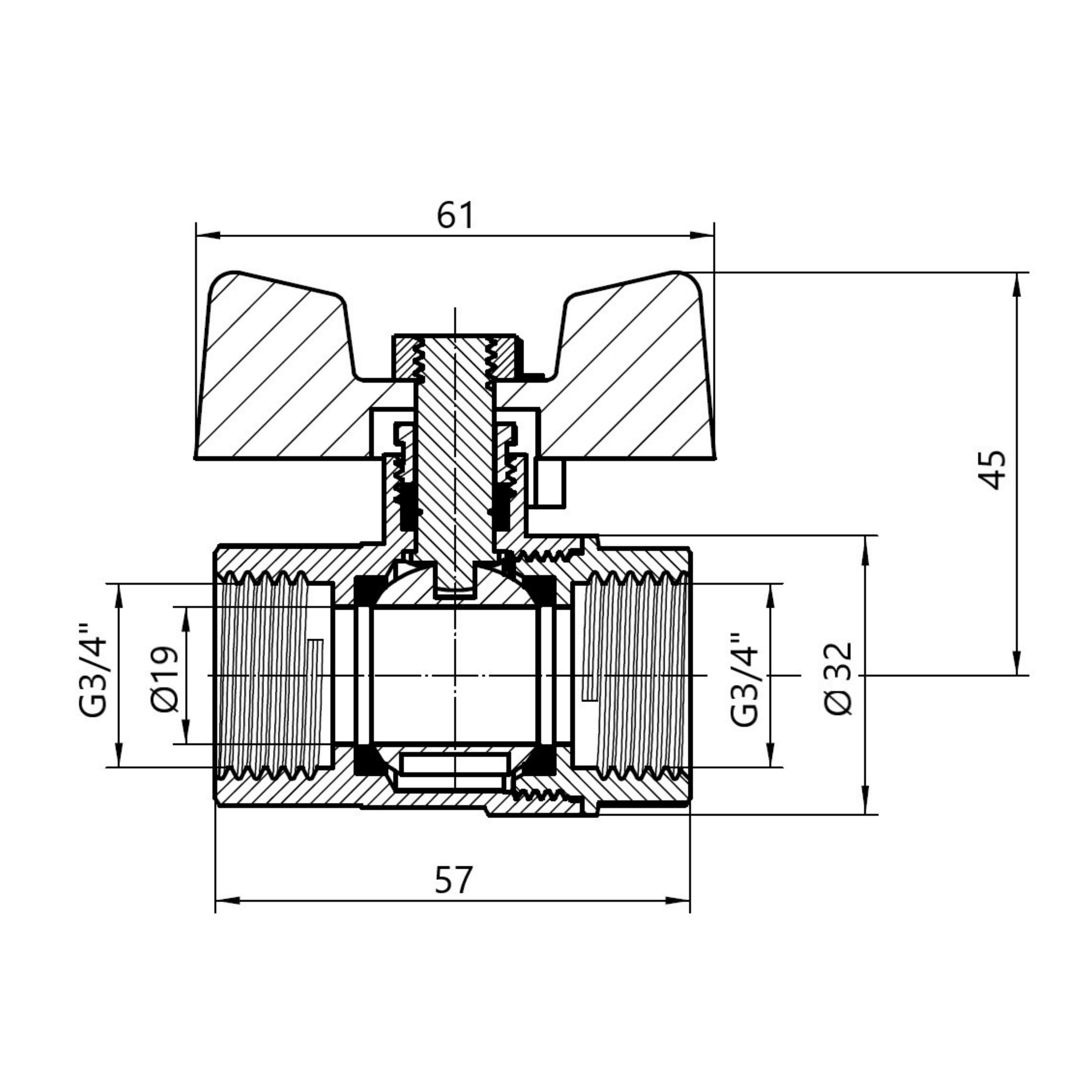 Кран кульовий Thermo Alliance Standart 3/4" ВР для газу (метелик) SD602NG20PN40