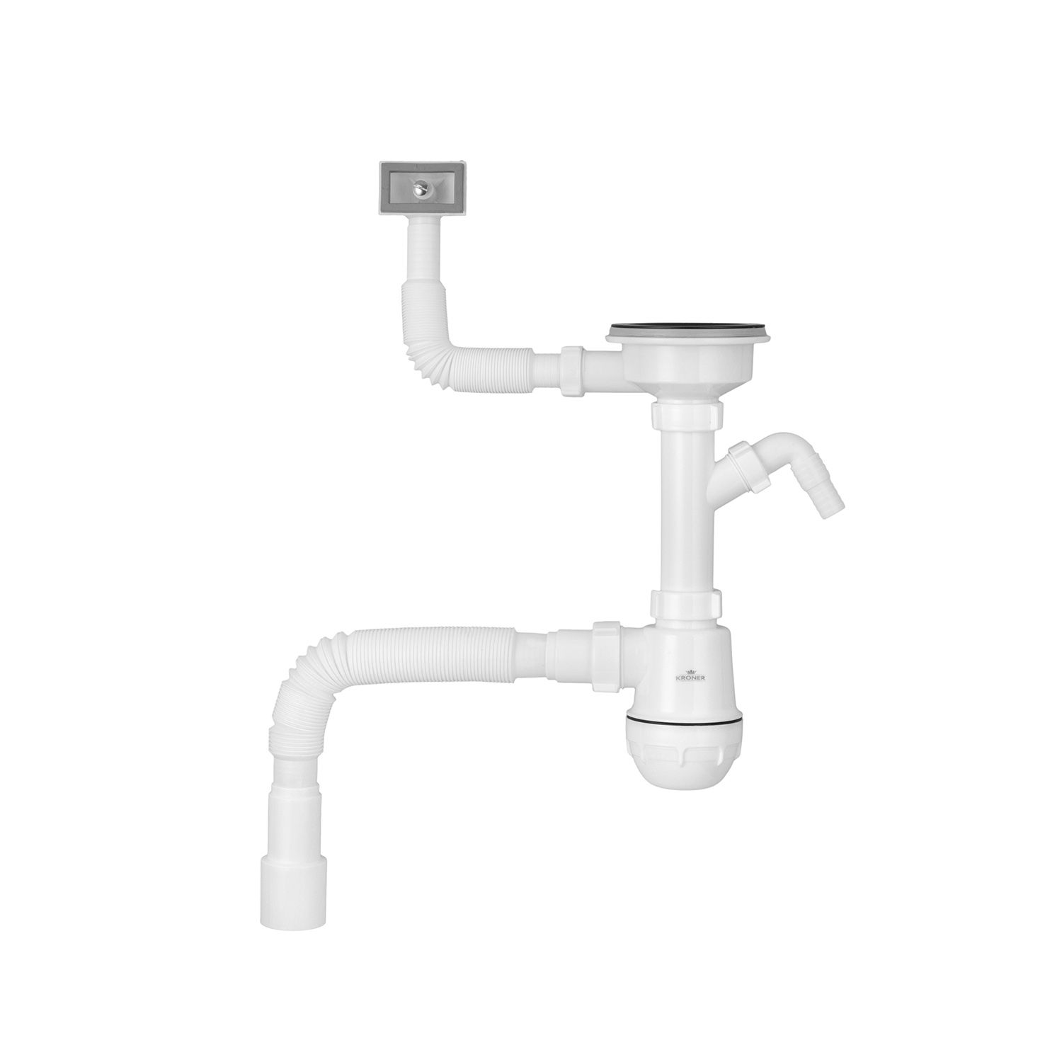 Сифон для кухонної мийки Kroner KRP KS02-1BLK 3 1/2"х40/50 мм з відводом для пральної машини, з квадратним переливом