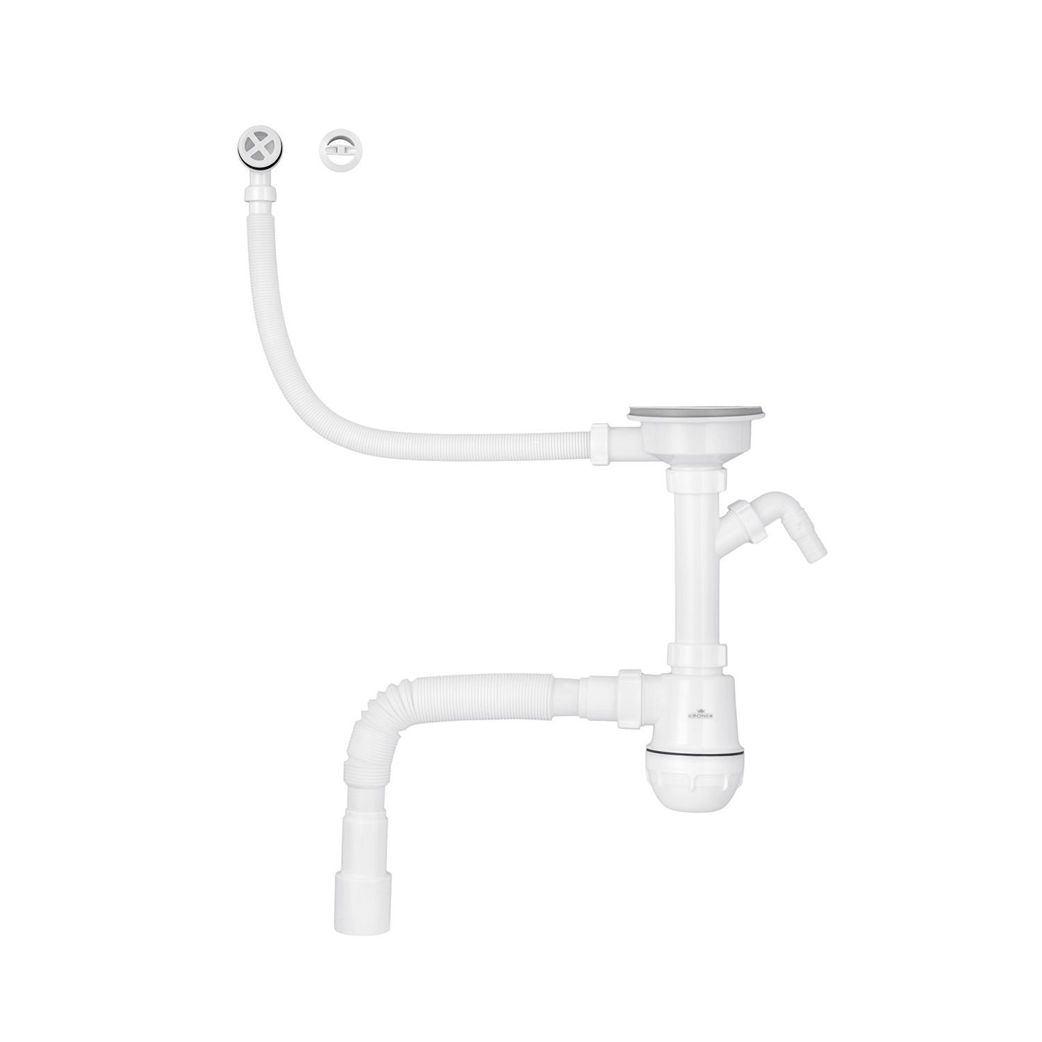 Сифон для кухонної мийки Kroner KRP KS02R-1WHI 3 1/2"х40/50 мм з відводом для пральної машини, з круглим переливом
