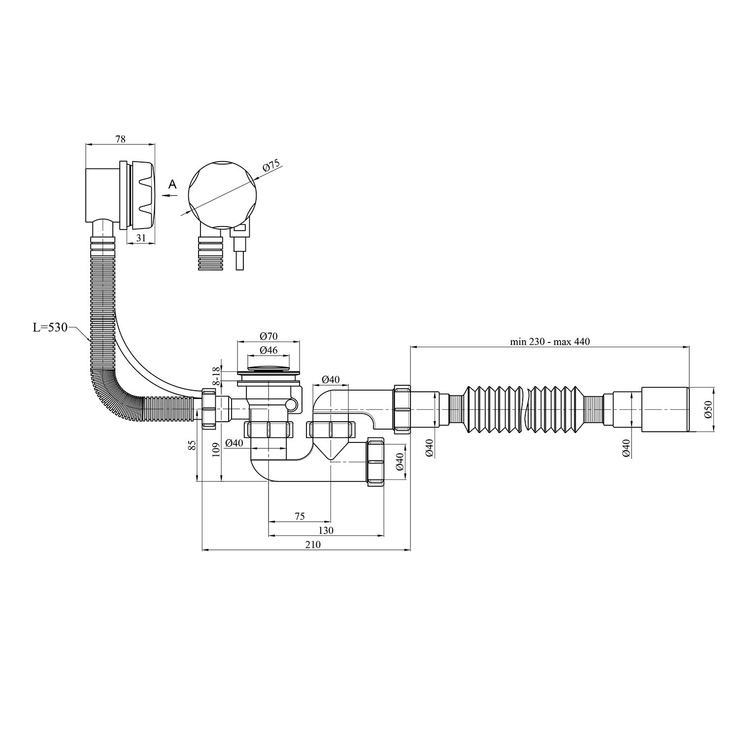 Сифон для ванни Agua BS05P 1 1/2"х40/50 мм напівавтоматичний, з переливом та ревізією