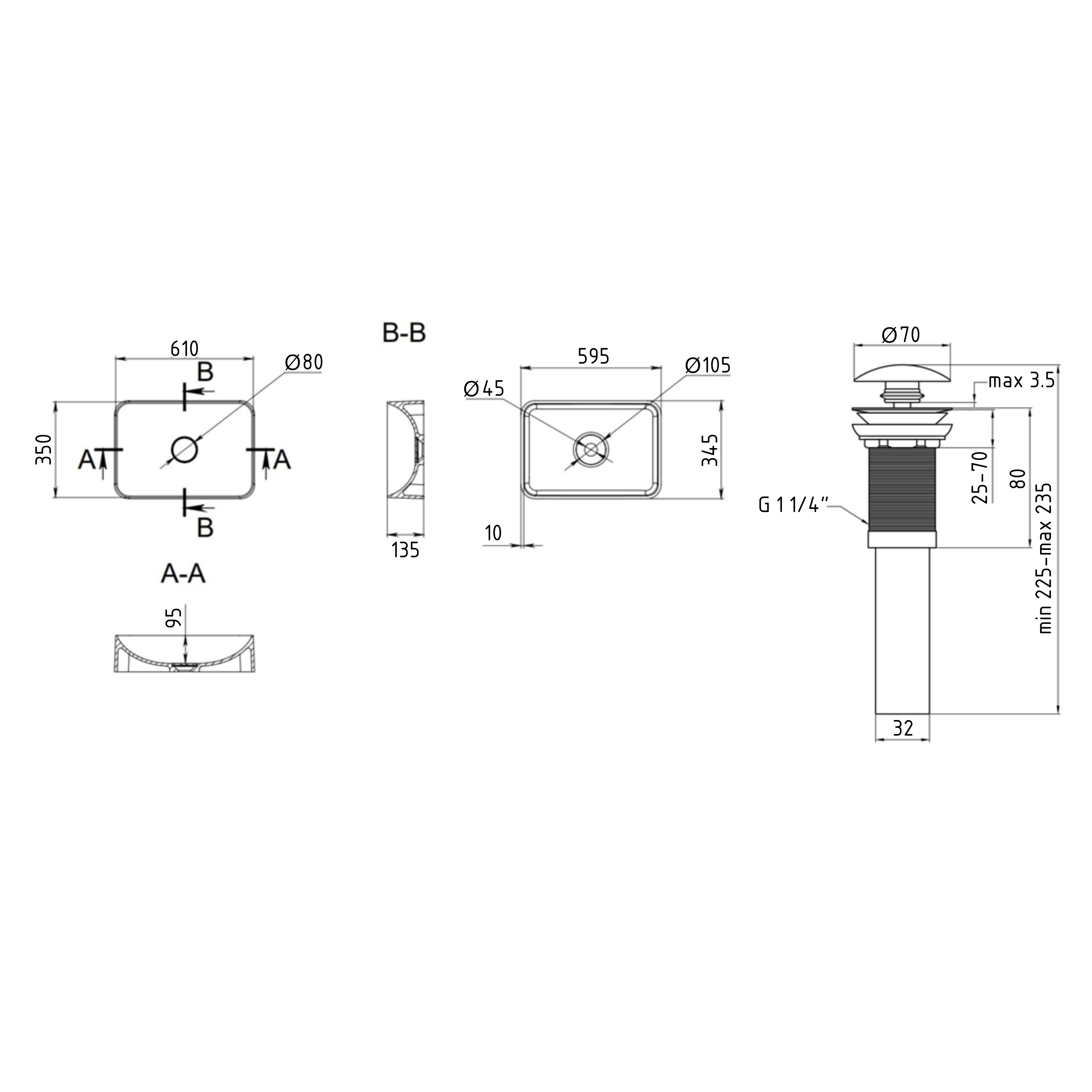 Раковина накладна Qtap Tern 610x350x135 мм, Stone grey, прямокутна, з донним клапаном QTTER188SG49789