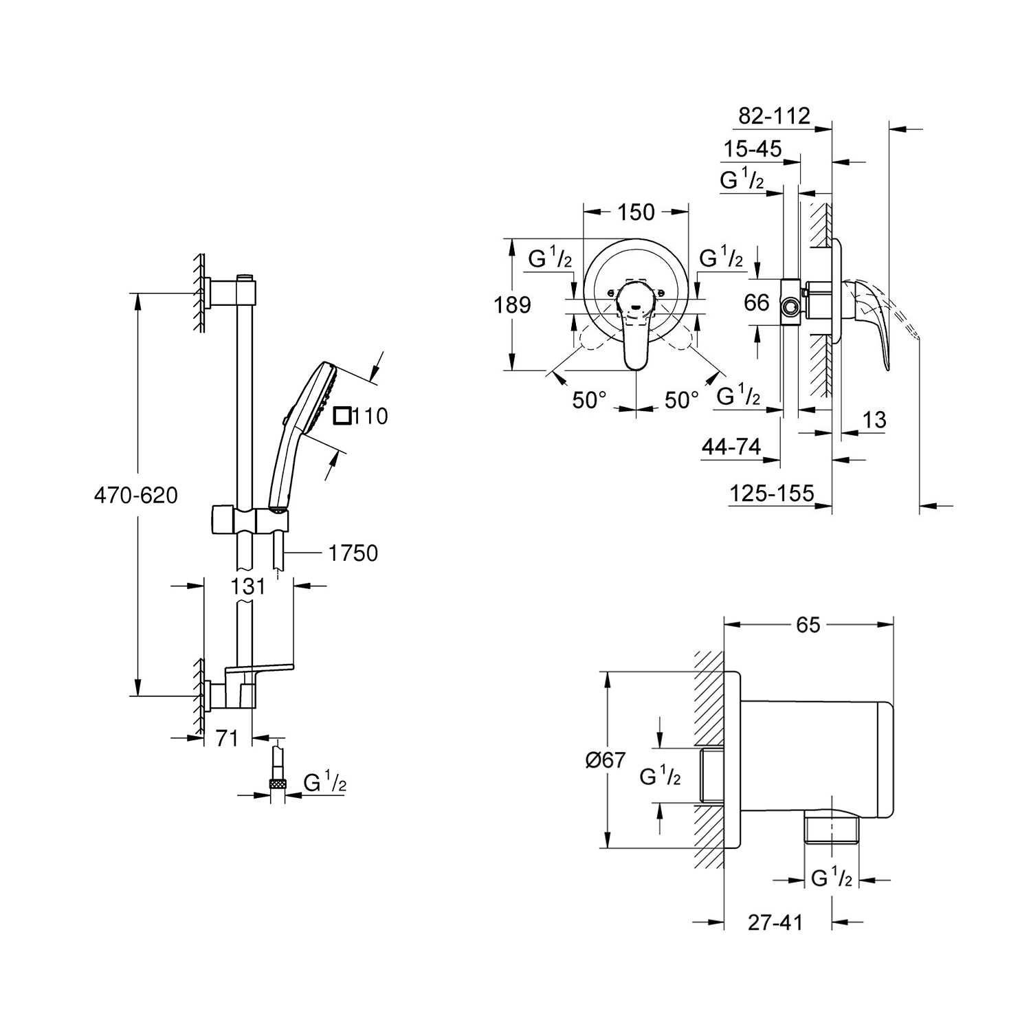 Душова система Grohe Euroeco з гарнітуром Vitalio Comfort 110 та шланговим підключенням 3274226929