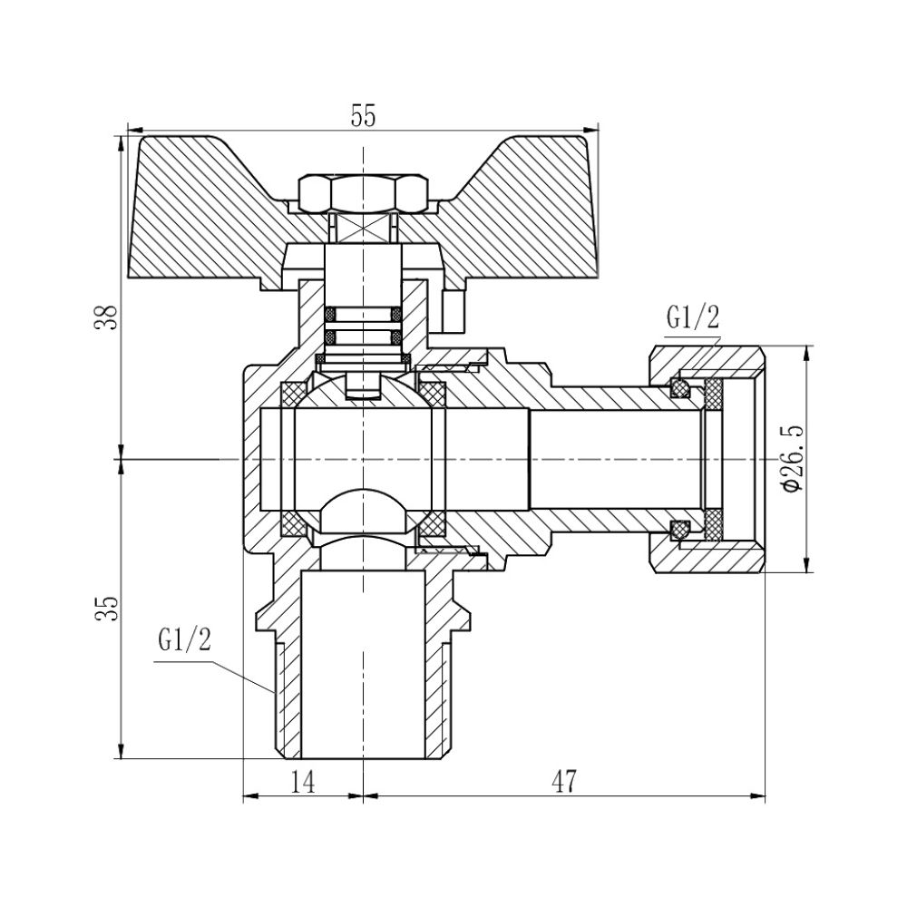 Кран шаровой с накидной гайкой SD Forte 1/2" ВН для газа угловой SF225G15