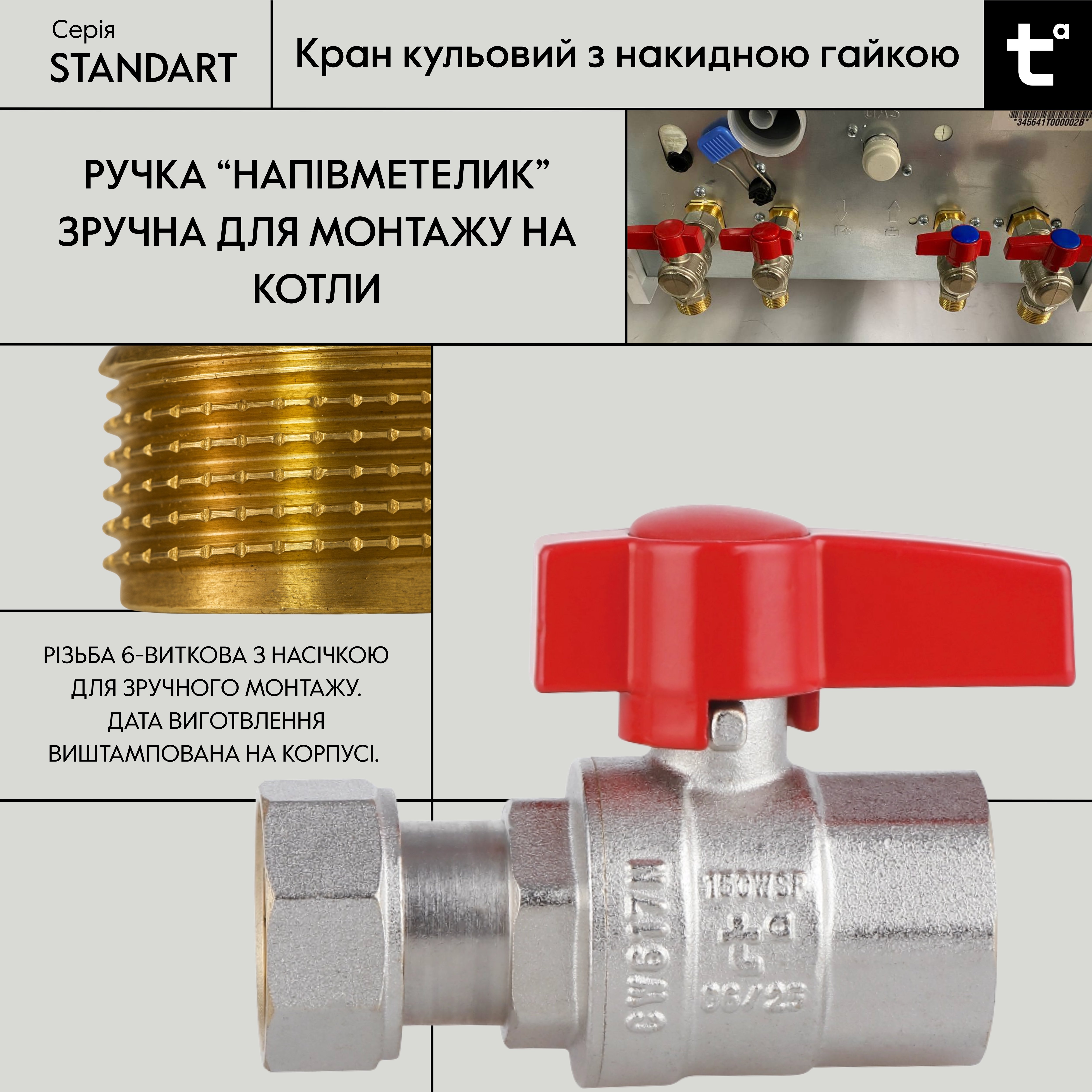 Кран кульовий Thermo Alliance Standart 3/4"ВВ прямий, PN40,з накидною гайкою TAS260W20