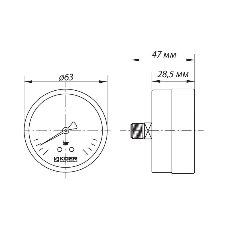 Манометр осьової KOER KM.611A D 63мм (0-6 bar) 1/4''(KR2901)