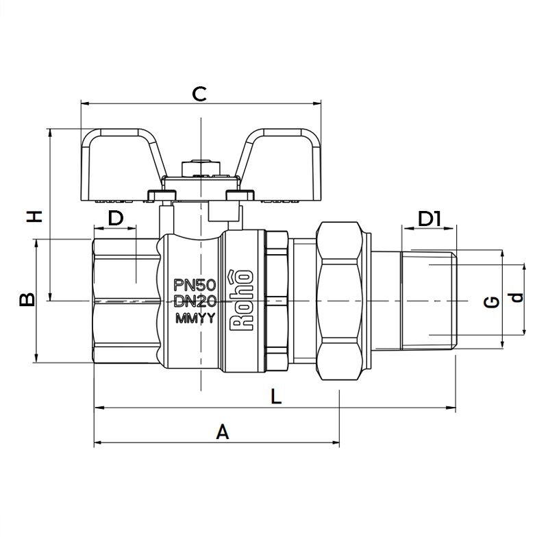 Кран з американкою Roho R105-100B - 1" прямий (RO0112)