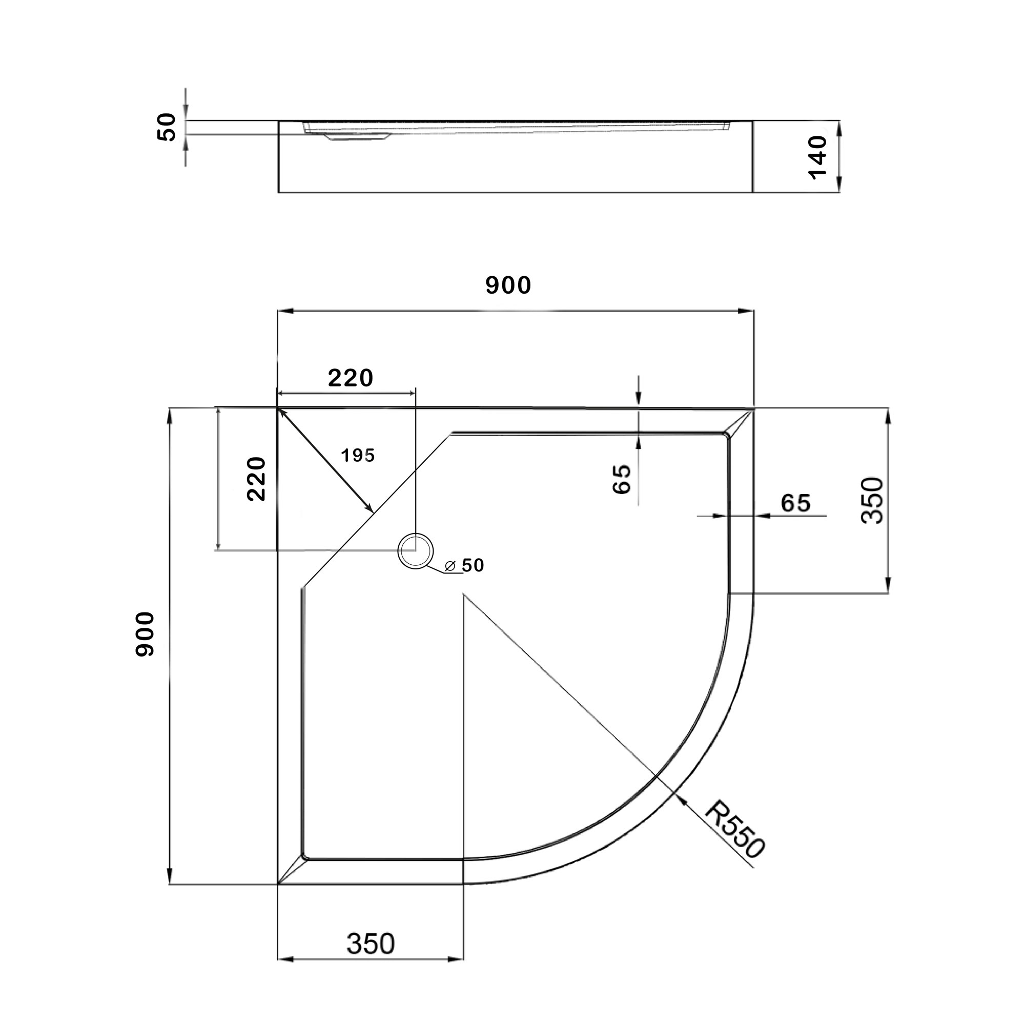 Душовий піддон Kapielka ST90x90x14 низький, напівкруглий, діаметр зливу 52 мм Lidz