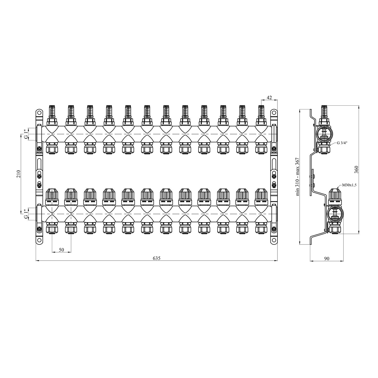 Колектор в зборі STA "Classic" на 12 виходів G1" з євроконусами, нержавіюча сталь